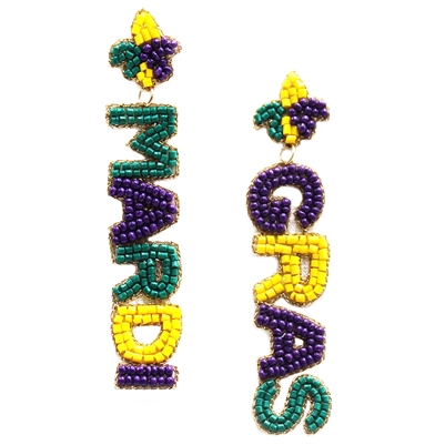 Mardi Gras Seed Bead 2"  Earrings