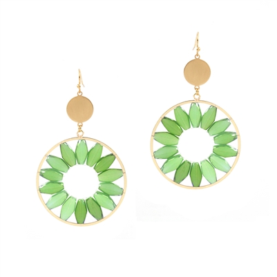 Green Oval Crystal  and Gold Circle 2" Earring