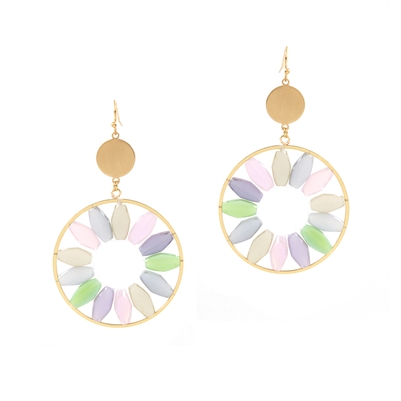 Light Multi Pastel Oval Crystal and Gold Circle 2" Earring
