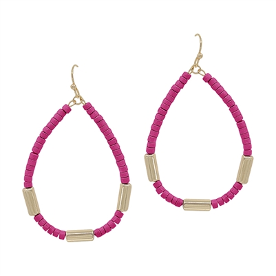 Hot Pink Wood Beaded and Gold Teardrop 2"  Earring