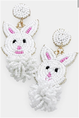 Seed Bead Easter Bunny with Pom Pom Tail 2.25" Earring