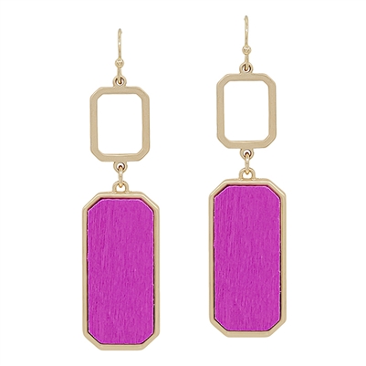 Hot Pink Wood Rectangle and Gold 1.5" Earring