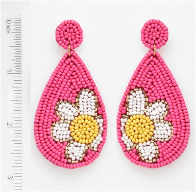 Hot Pink Seed Bead with White and Yellow Flower 2.75" Drop Earring