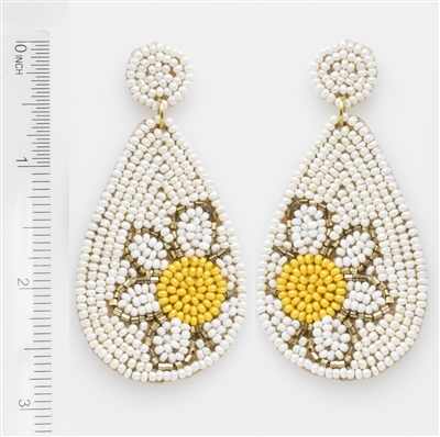White Seed Bead with White and Yellow Flower 2.75" Drop Earring