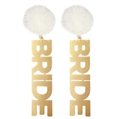Gold Metal Bride with White Pompom 2" Drop Earring
