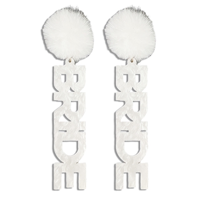 White Acrylic Bride with Pompom 2" Drop Earring