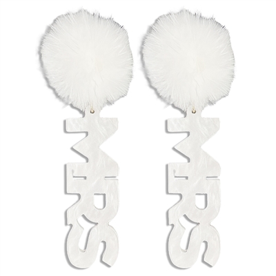 White Acrylic MRS with Pompom 2" Drop Earring