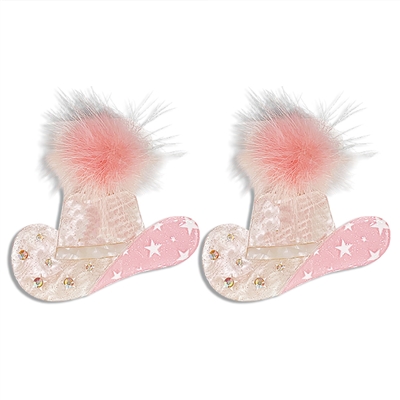Pink Acrylic Cowboy Hat with Pompom 2" Drop Earring