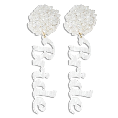 White Acrylic Bride with Pompom 2" Drop Earring
