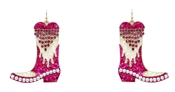 White and Hot Pink Glitter with Rhinestone Tassel Cowboy Boot  2.5" Earring