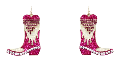 White and Hot Pink Glitter with Rhinestone Tassel Cowboy Boot  2.5" Earring
