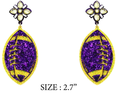 Purple and Yellow Glitter Football with Stones 2" Gameday Earring