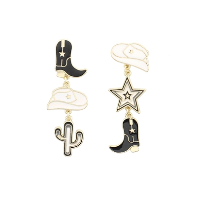 Black, White, and Gold Cowboy Hat and Boot 2" Earring