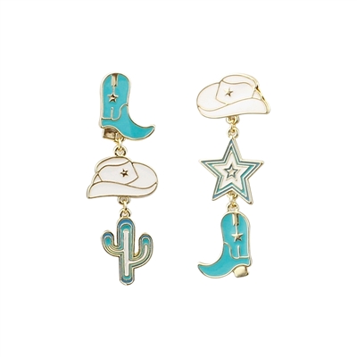 Teal, White, and Gold Cowboy Hat and Boot 2" Earring