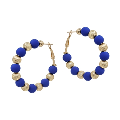 Royal Blue  Clay with Textured Gold Beaded 2" Hoop Earring