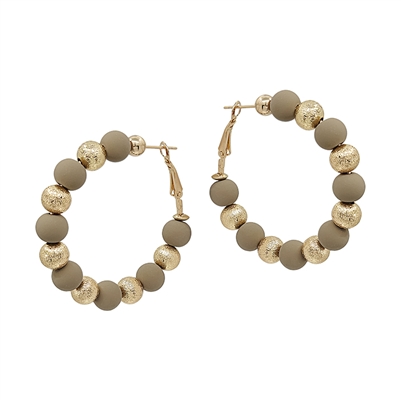 Light Mocha Clay with Textured Gold Beaded 2" Hoop Earring