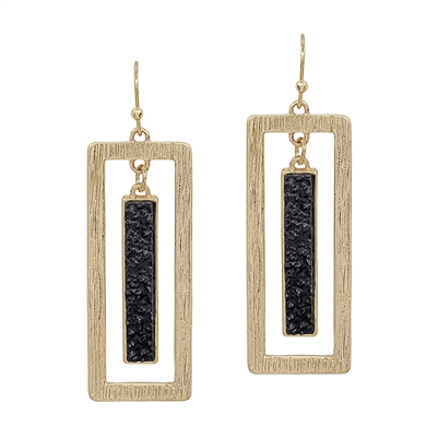 Black Druzy and Gold Open Rectangle Bar 1.75" Earring