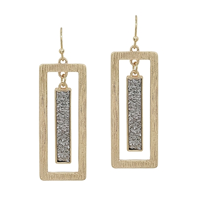 Grey Druzy and Gold Open Rectangle Bar 1.75" Earring