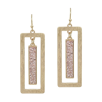 Rose Gold  Druzy and Gold Open Rectangle Bar 1.75" Earring