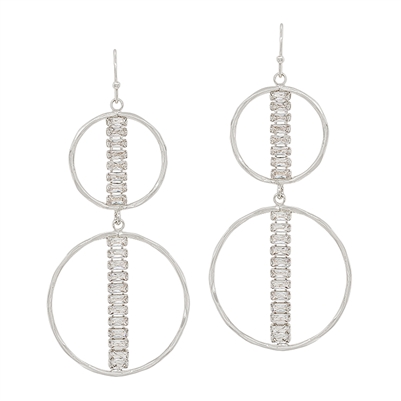 Silver Two Layer Circle with Rhinestone Bar 2" Hoop Earring