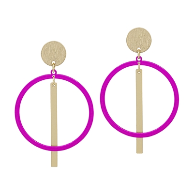 Hot Pink Circle with Gold Bar 1.75" Earring