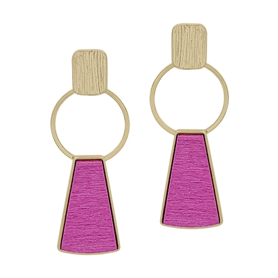Gold Open Circle with Hot Pink Wooden Geometric Drop 1.5" Earring