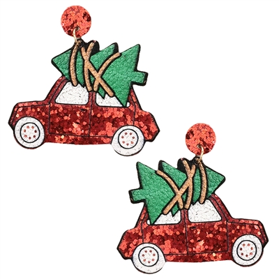 Glitter Red Car with Christmas Tree Post 2" Earring