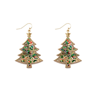 Gold Christmas Tree and Multi Color Metal Drop 2" Earring