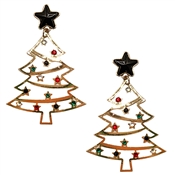Gold Metal with Red, Green, Black and Clear Stone Christmas Tree 1.5" Earring