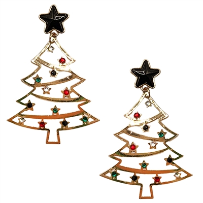 Gold Metal with Red, Green, Black and Clear Stone Christmas Tree 1.5" Earring