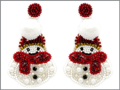 Red and White Seed Bead Snow Man 2.75" Earring