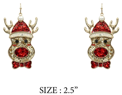 Gold and Red Glitter Rudolph 2.5" Earring