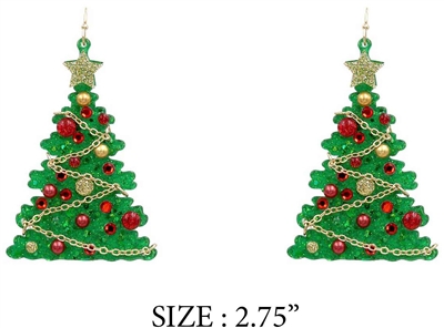 Green Acrylic Christmas Tree with Red and  Gold Accents 2.75" Earring