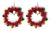 Red Tinsel Wreath with Green and Gold Beaded Accents 2" Earring