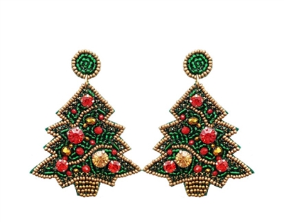Green Christmas Tree Seed Bead with Red and Gold 3" Earring