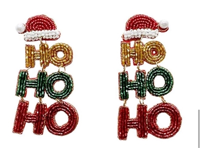 Gold, Green, and Red "Ho, Ho, Ho" Beaded 2" Earrings