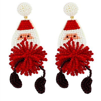 Red and White Seed Bead Santa Clause Pom Pom  2.5" Earring