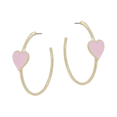Pink Enamel Heart on Gold Hoop 2" Earring
