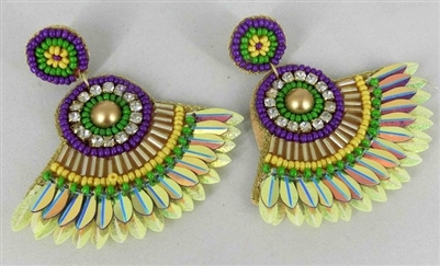 Gold, Green, and Purple Seed Bead and Glitter Fanned 3" Mardi Gras Earring