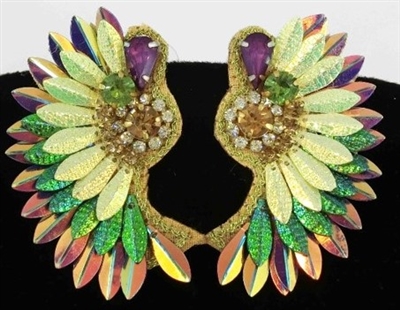 Gold, Green, and Purple Seed Bead and Glitter Winged 3" Mardi Gras Earring