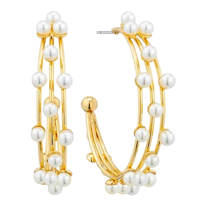 Gold with Pearl Three Layered Hoop 1.5" Earring
