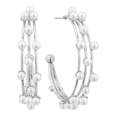 Silver with Pearl Three Layered Hoop 1.5" Earring