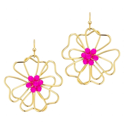 Gold Open Flower with Hot Pink Crystal Accent 2" Earring