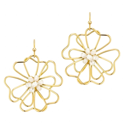 Gold Open Flower with White Crystal Accent 2" Earring