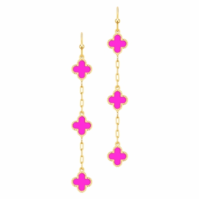 Gold Chain with Hot Pink Epoxy Clover 2" Earring