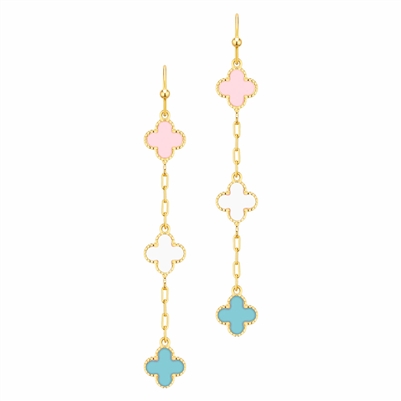Gold Chain with Light Pink, White, and Teal Epoxy Clover 2" Earring