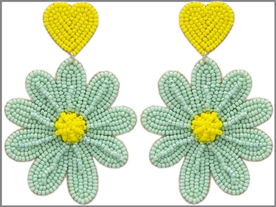 Mint Green and Yellow Flower Seed Bead 3" Earring