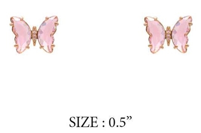Glass Pink Crystal .5" Butterfly Stud Earrings