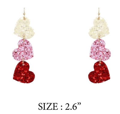 White, Pink, and Red Glitter Heart 3 Drop 3.25" Earring