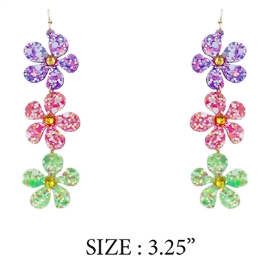 Multi Glitter Flower 3 Drop 3.25" Earring
